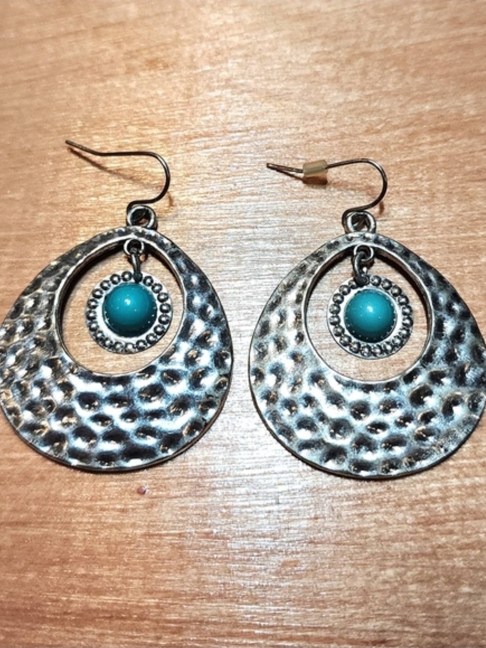 Turquoise Drop Hammered Metal Dangle Earrings - Women Jewelry